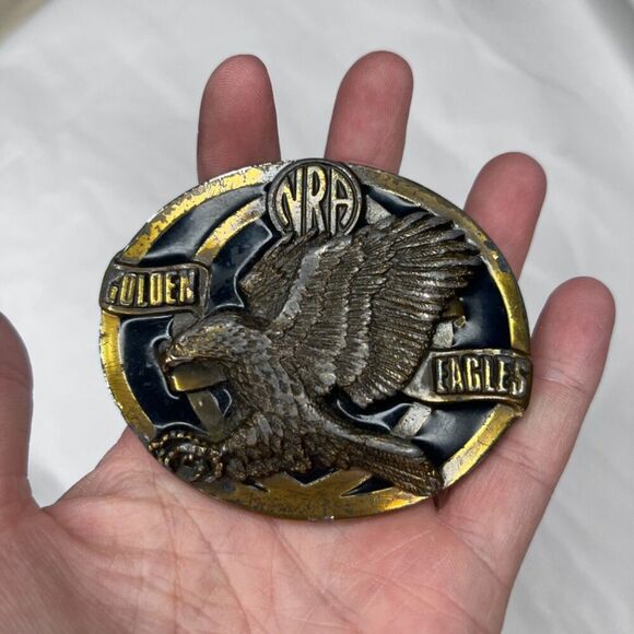 NRA Golden Eagles VTG Belt Buckle Brass USA Made Hunter National Rifle Assn - Picture 2 of 7